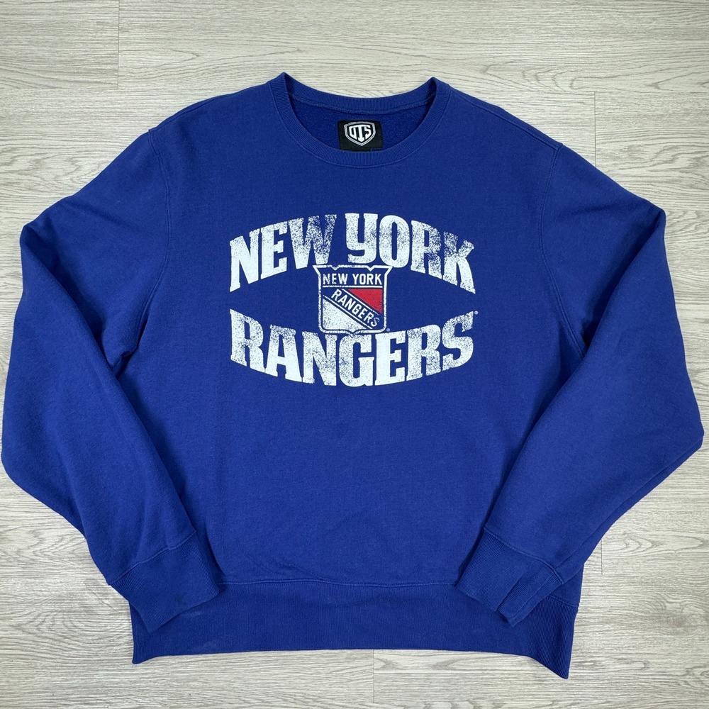 OTS Men's Crewneck Sweatshirt New York Rangers Blue X-Large NHL Distressed Logo